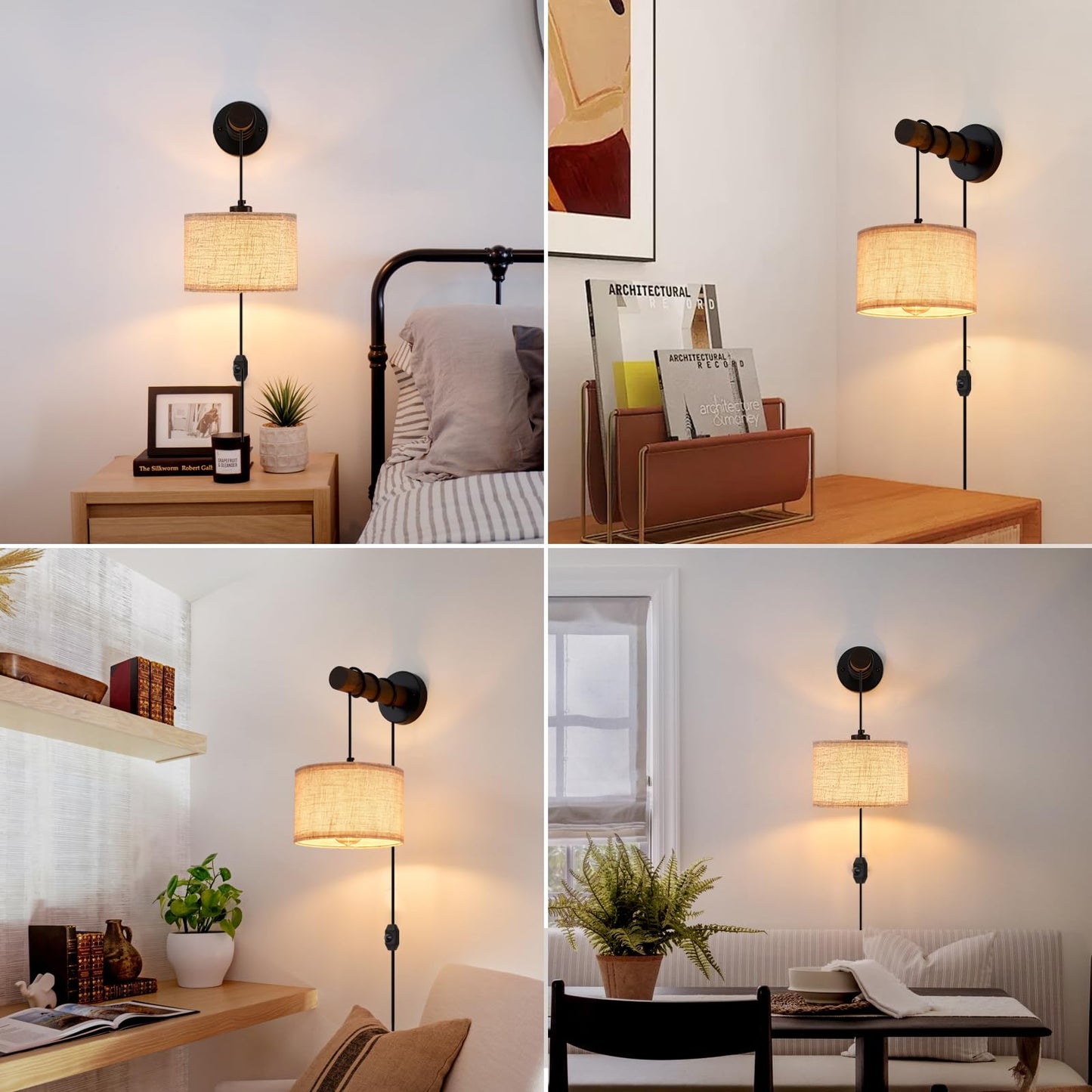 Xsdetu Plug In Wall Sconces Set Of 2  Farmhouse Wall Lamp With 5.9Ft Plug In Cord  Dimmable Hanging Wall Lighting With Fabric Shade  Adjustable Wall Mount Lights For Bedroom Living Room  Wooden Arm