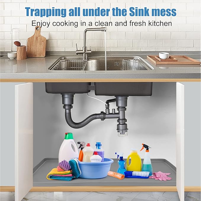 Under Sink Mats for Kitchen Waterproof, 28" x 22" Silicone Under Sink Liner Kitchen & Bathroom Cabinet Protector Mat, Heavy Duty Flexible Under Sink Drip Tray with Lip, Cool Grey