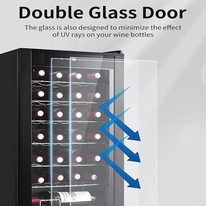 BODEGACOOLER 28 Bottle Mini Fridge for Home and Kitchen, Compressor Wine Cooler Refrigerator for Bedroom, Wine Cooler with Digital Temperature Control & Double-layer Glass Door for Wine, Champagne.