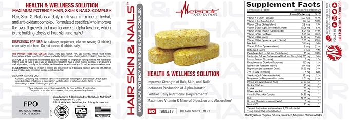 Metabolic Nutrition Hair Skin & Nails Maximum Potency Health and Wellness Solution 90 Tablets