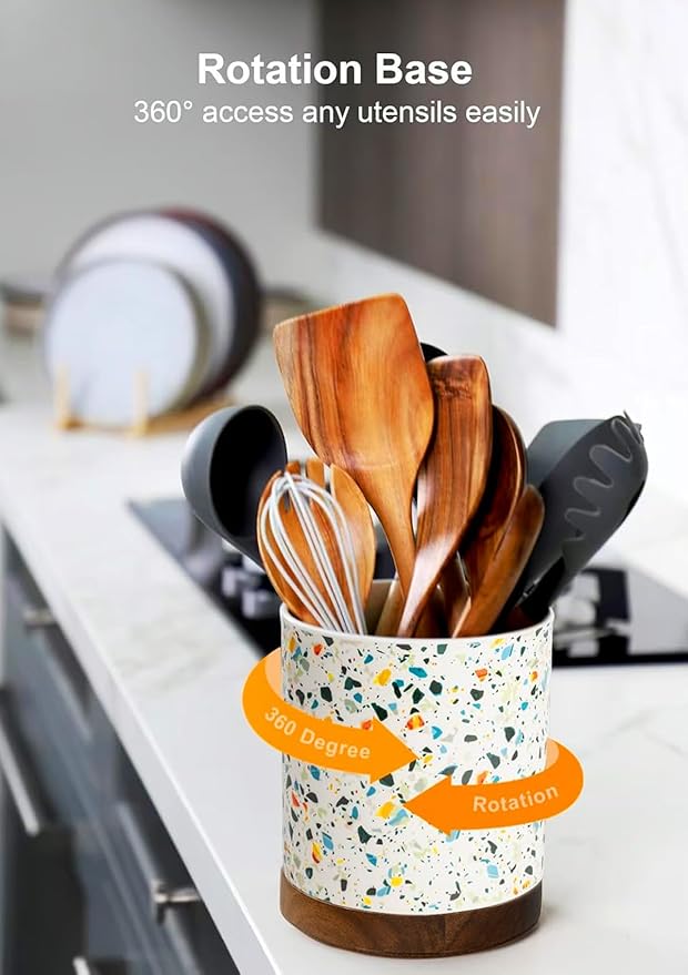 Nucookery 360°Rotating Utensil Holder, 7.2" Kitchen Utensil Crock, Ceramic Cooking Utensil Organizer with Countertop-Protection Cork Bottom for Farmhouse Kitchen Decor Christmas (Marble Pattern)