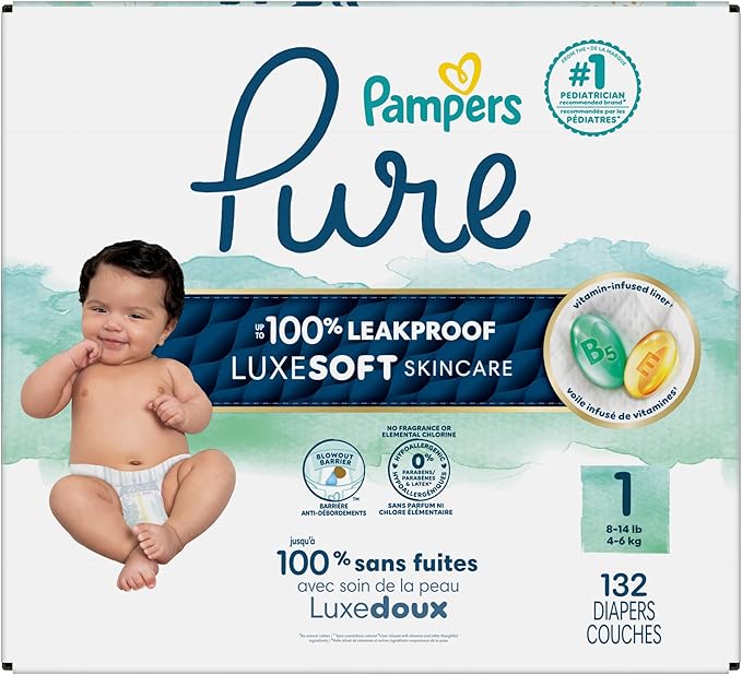 Pampers Pure Protection Baby Diapers, Size 1 (8-14 lbs), 132 Count, Up to 100% Leakproof, Premium Plant-based Skin Protection, Hypoallergenic Soft Diapers