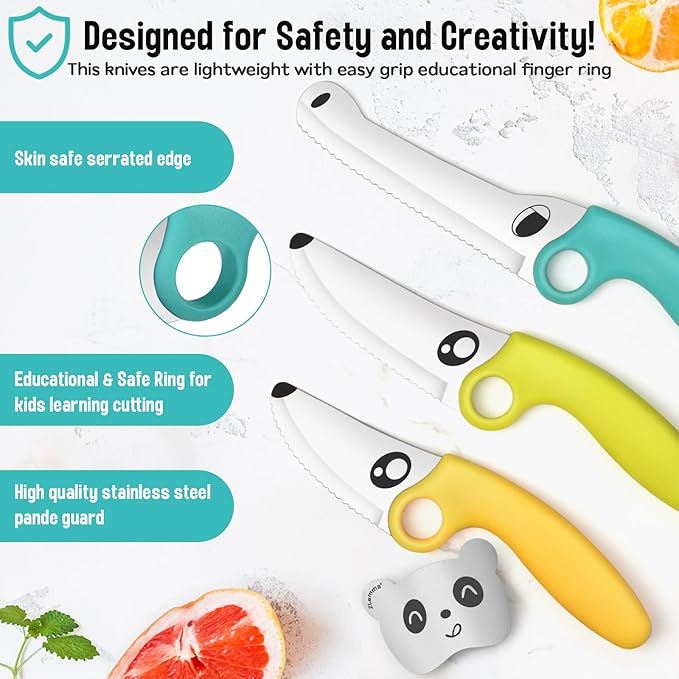 Kids Knife Set for Real Cooking with Educational Ring & Panda Finger Guard for Boys & Girls Cutting, Kids Chef Knife Stainless Steel Blade for Kitchen Cutting-Cool-toned