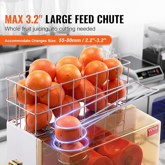 VEVOR Commercial Orange Juicer Machine, 120W Automatic Juice Extractor, Stainless Steel Orange Squeezer for 20 Oranges Per Minute, with Pull-Out Filter Box, PC Cover, 2 Peel Collecting Buckets