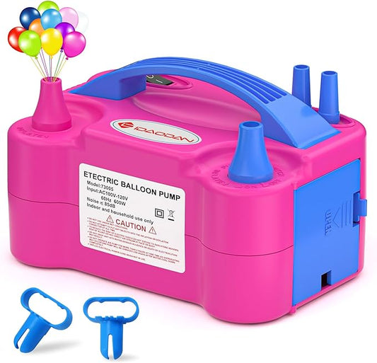 IDAODAN Electric Balloon Pump, Portable Electric Balloon Blower Machine Balloon Air Pump Dual Nozzle Rose Red 110V 600W Ba...