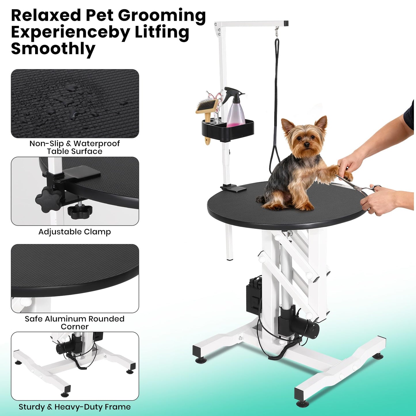 ActiveTrail Electric Hydraulic Lift Dog Grooming Table – 24 Inch Rotating Desktop, Overhead Arm, Foot Remote, Tool Organizer, 250LBS Capacity – Ideal for Small Pets