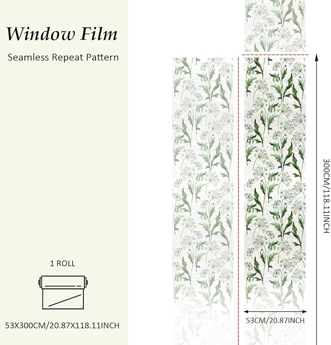Rainbow Watercolor Green Leaves Window Film, Privacy Iridescent Static Cling Double-Sided Decals for Window Door Glass Decor, Wild Grass, 118.11" x 20.87"