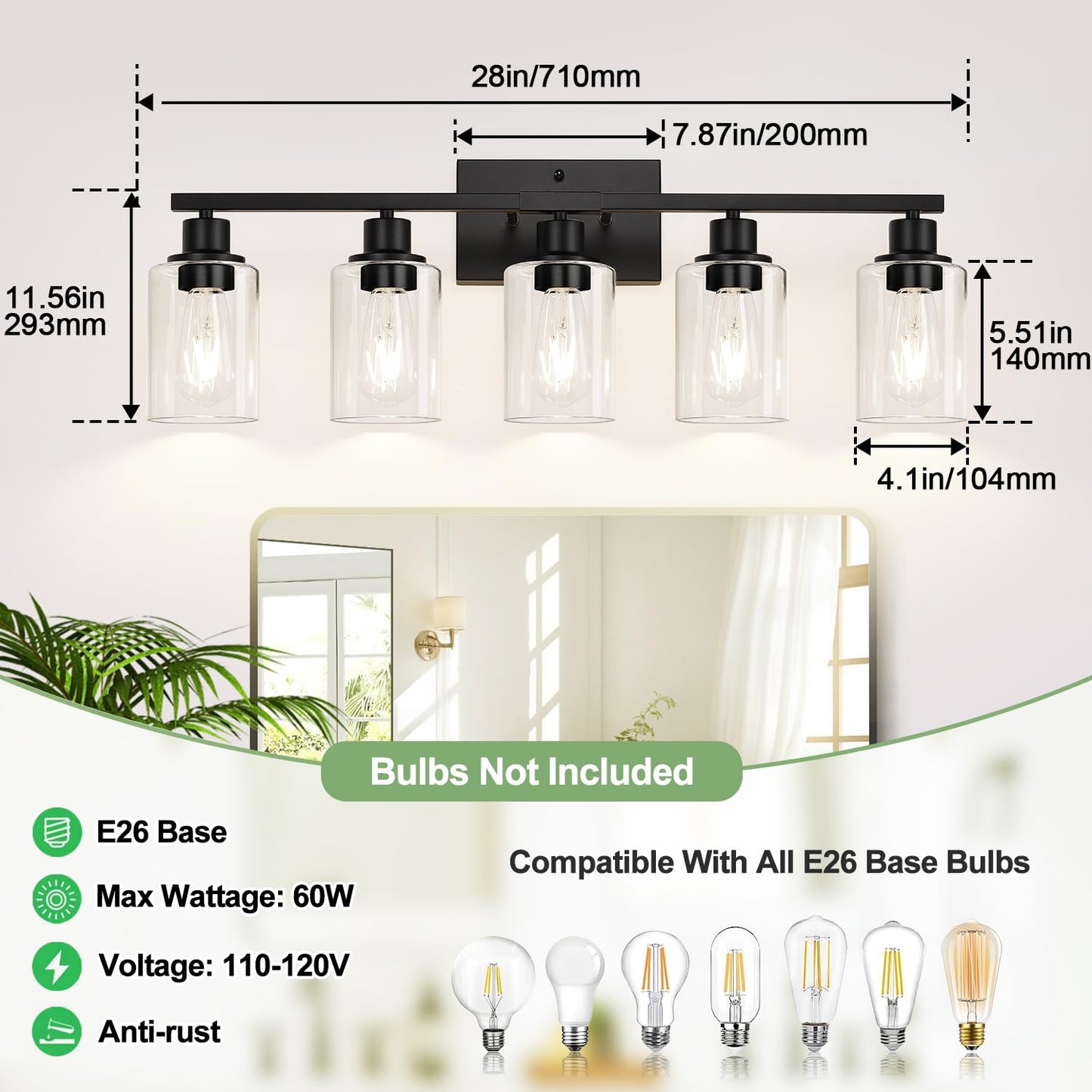 5-Light Bathroom Light Fixtures  Matte Black Modern Vanity Lights With Clear Glass Shades  Bathroom Vanity Light For Mirror Living Room Cabinet Bedroom Porch