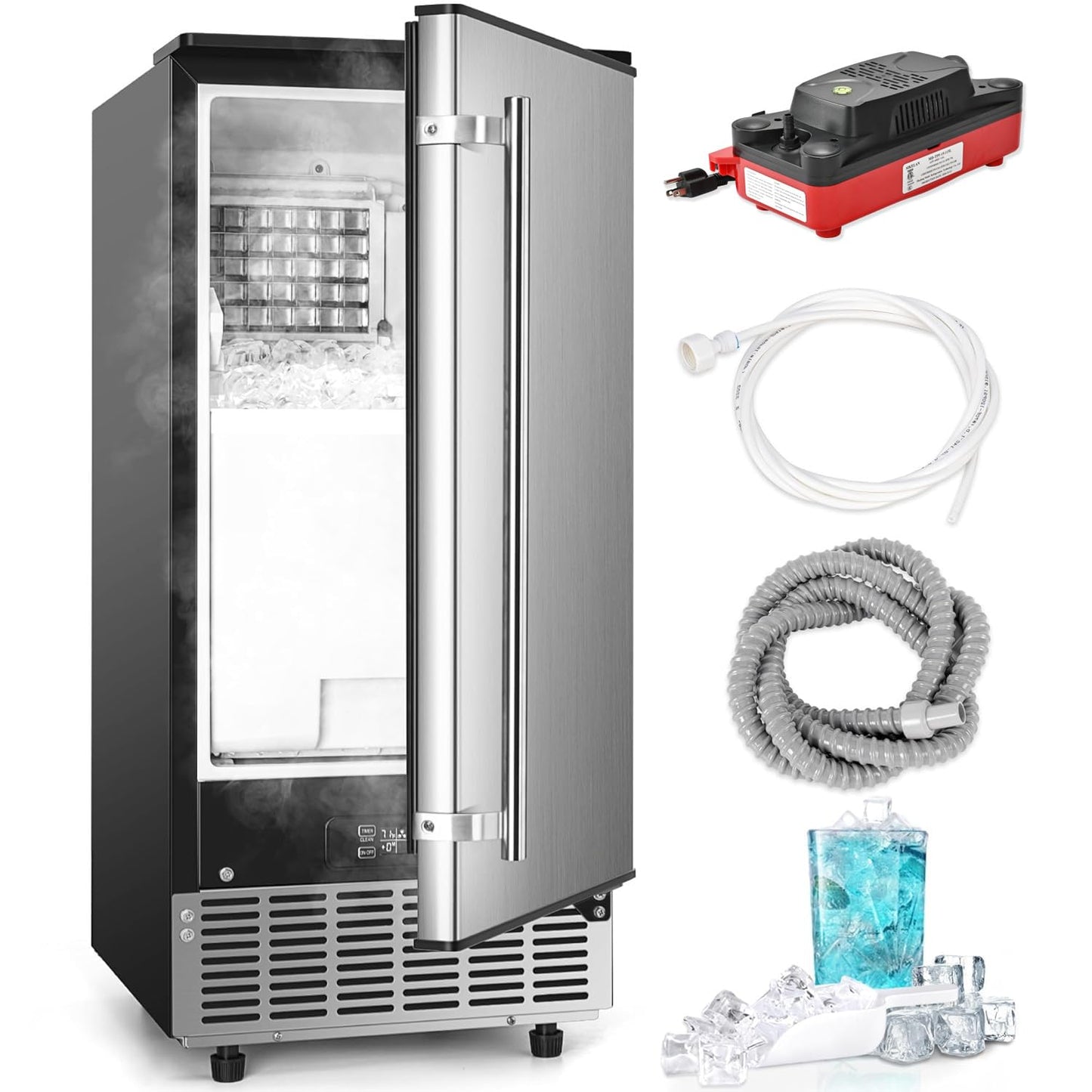 ICYGLEE Commercial Under Counter Ice Maker Machine with Drain Pump, 80Lbs/Day with 24lbs Storage, Auto-Cleaning, 24H Timer, Built-in Freestanding Ice Maker for Home/Commercial & Home Use. (Steel)