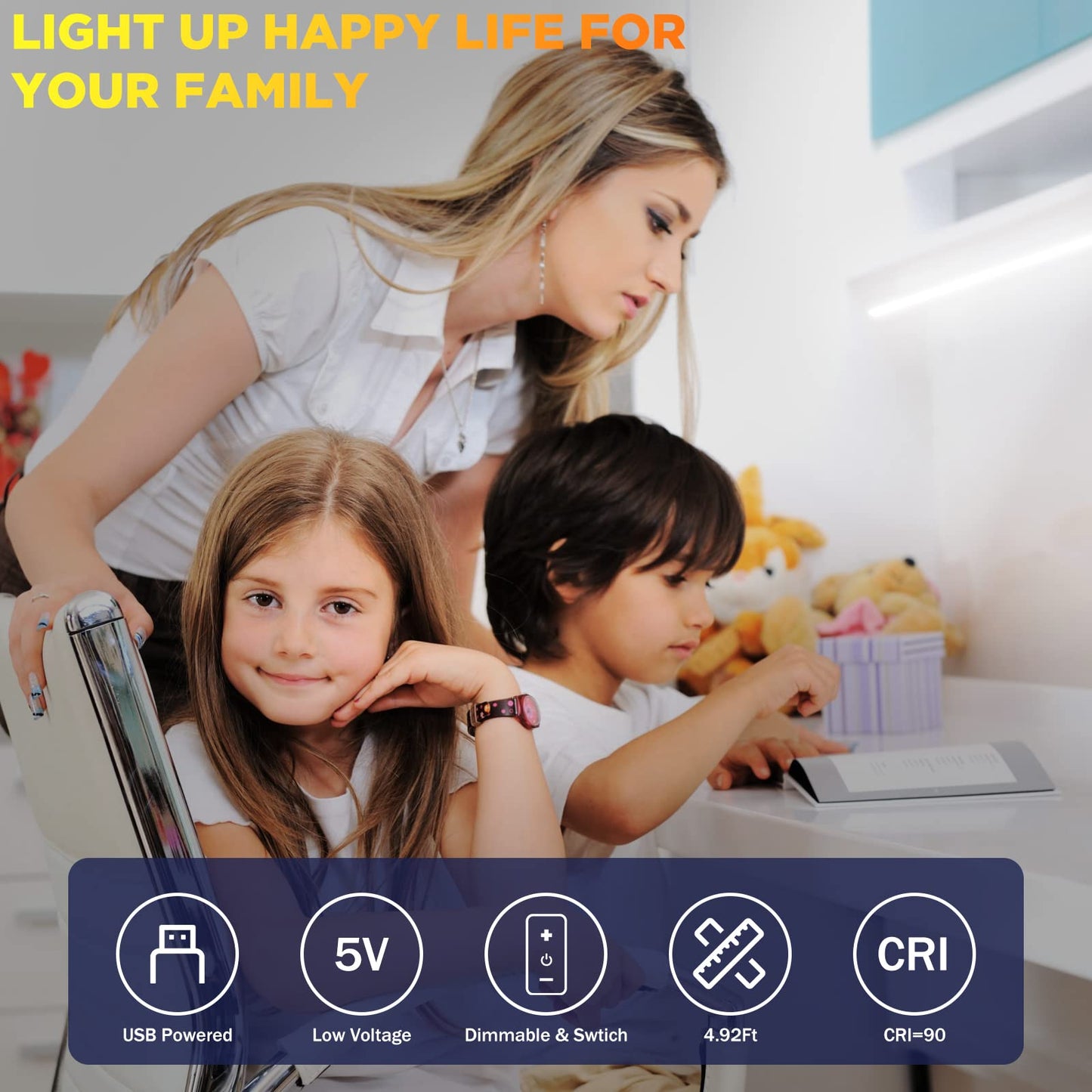 Qige Usb Cob Led Strip Lights, 4.92Ft, 480 Leds, Dimmable, 5000K Daylight White, Flexible Under Cabinet Tape Light For Home Diy