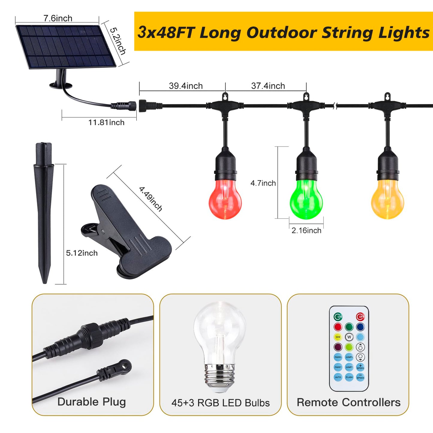 IPStank 144FT Solar Outdoor String Lights, 45 Shatterproof E26 LED Bulbs, IP65 Waterproof, RGB Color Changing, Dimmable, Model YGM-S14-15