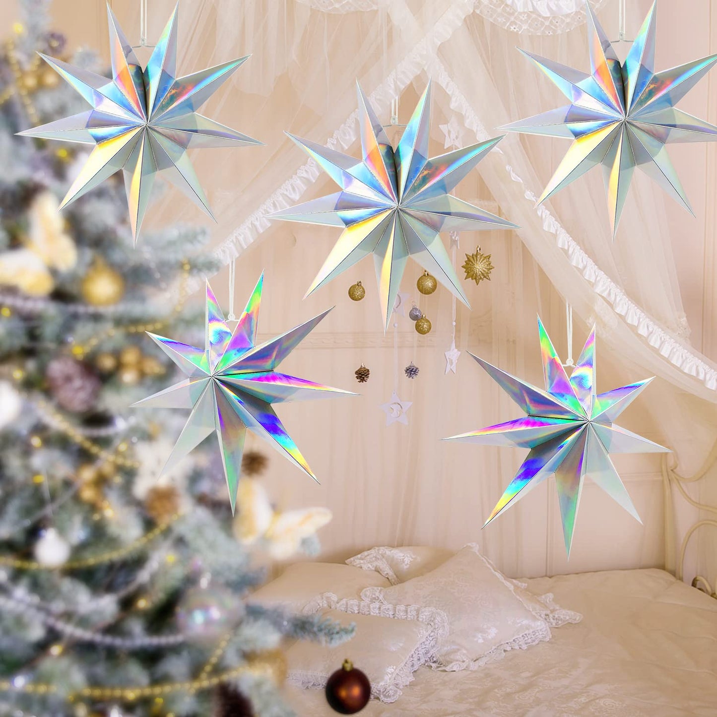 5Pack 9-Pointed Paper Star Lanterns 11.8 Inch Iridescent Hanging Paper Lampshade For Winter Wonderland  Christmas Holiday  Weddings  Frozen Birthday Party Celebration Decor