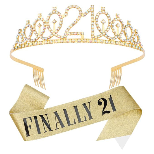 KICOSY 21st Birthday Crowns and Sashes for Women, Princess Tiara Sash Set Elegant Gold Crown with Combs for Girls 21st Bir...