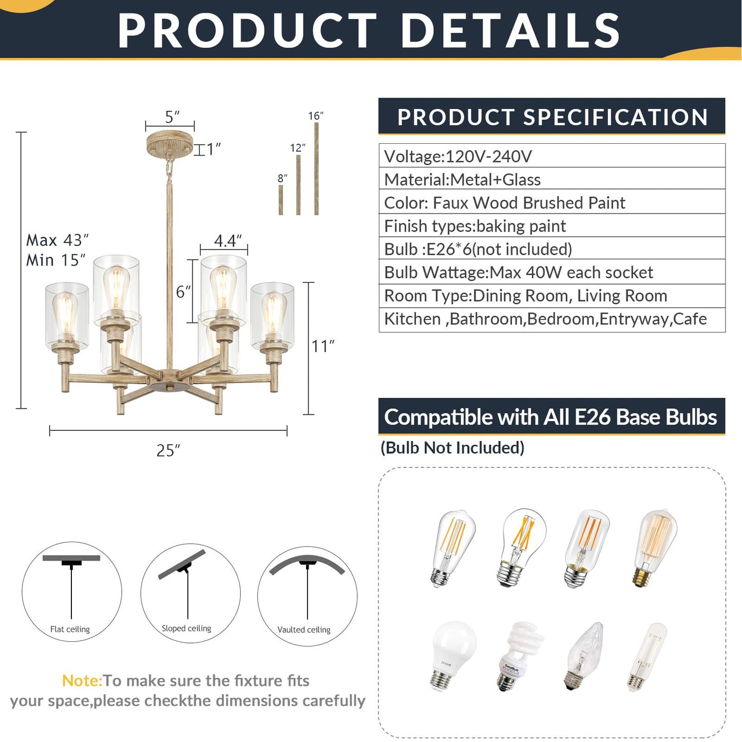 LIGHTDAMY 6-Light Farmhouse Chandelier Metal Faux Wood Texture D25in for Dining Room, Kitchen, Entryway, Bathroom