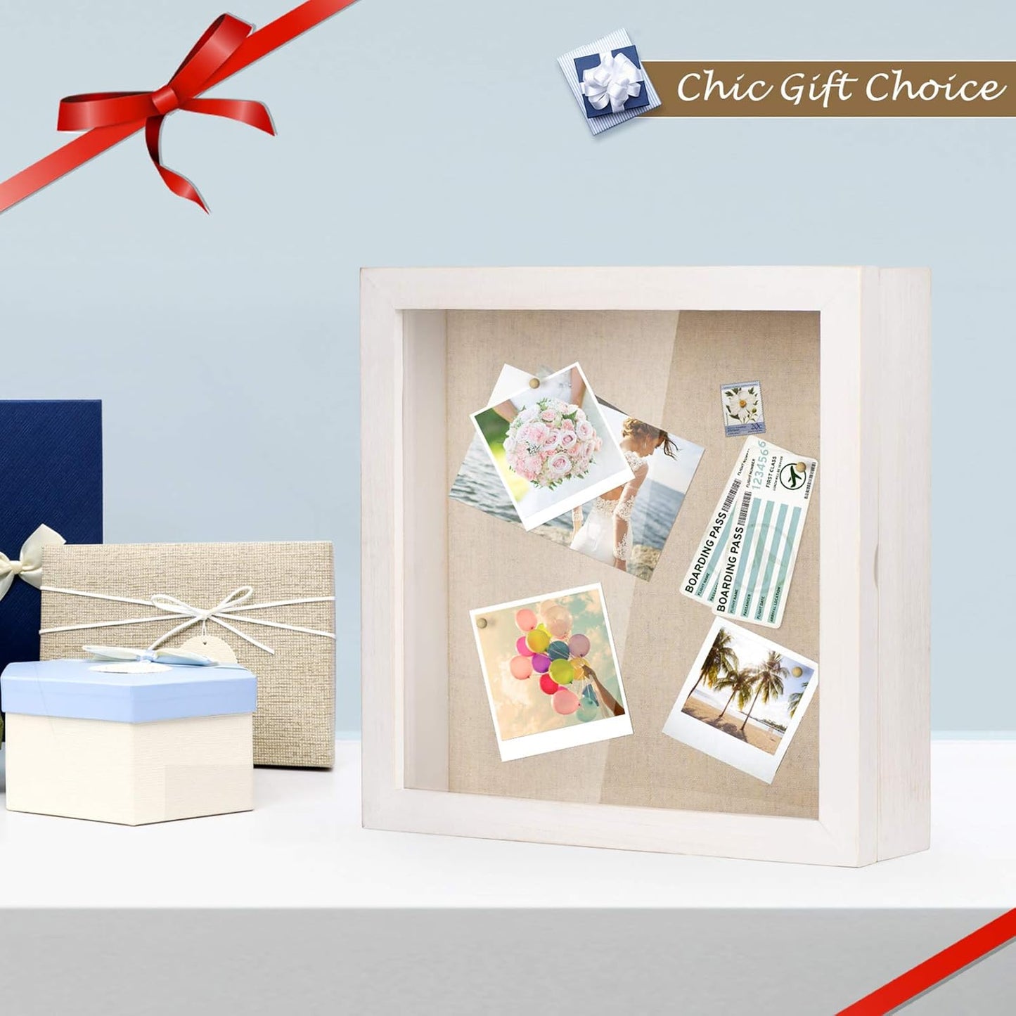 Love-KANKEI Shadow Box Frame 11x11 Shadow Box Display Case with Linen Back Memorabilia Awards Medals Photos Memory Box Gift Rustic White