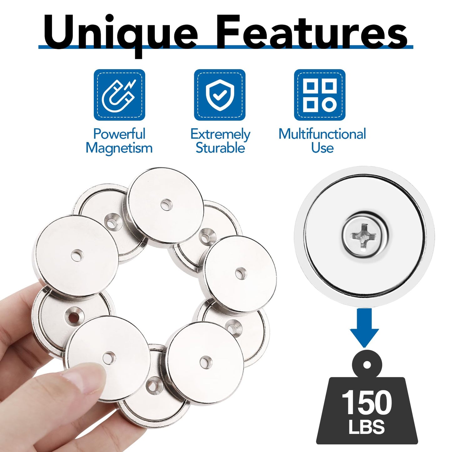 LOVIMAG Strong Neodymium Cup Magnets, 150lb+ Waterproof, Heavy Duty Rare Earth with Holes, Silver, 12 Pack