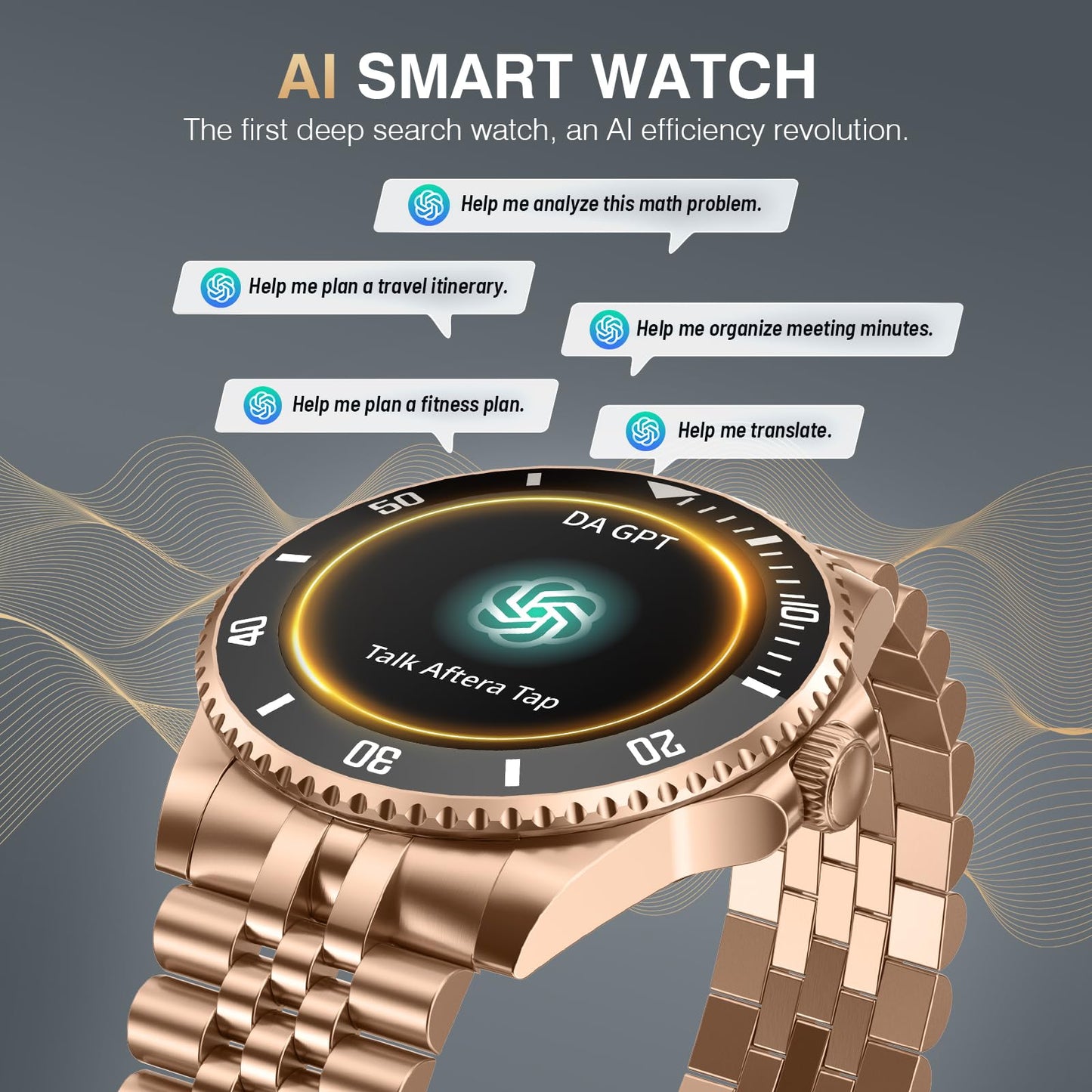 2025 DA GPT Smart Watch, Deep Search, Heart Rate, Blood Pressure, Blood Oxygen, Sleep Monitor, 107 Sports Modes, Waterproof Round Watch, 1.19-inch AMOLED Display, Compatible Android and iOS Gold Metal