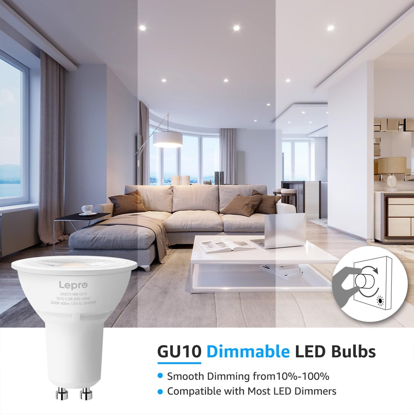 Lepro GU10 LED Bulb Dimmable 5.5W 5000K Daylight White 6 Pack, 40° Spotlight for Recessed Lighting