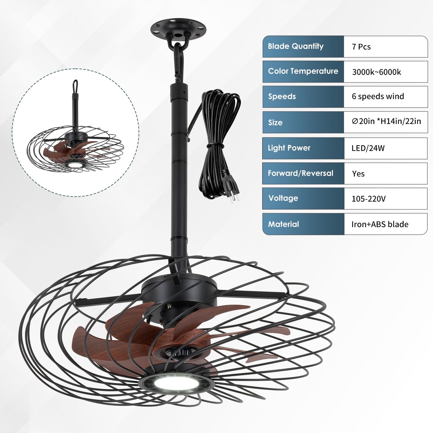 Osgner 20 Outdoor Ceiling Fan With Light  Waterproof Gazebo Fan Remote Control  Dimmable Led Light  Hanging Black Caged Ceiling Fixtures With Plug In Cord For Patios Pergola