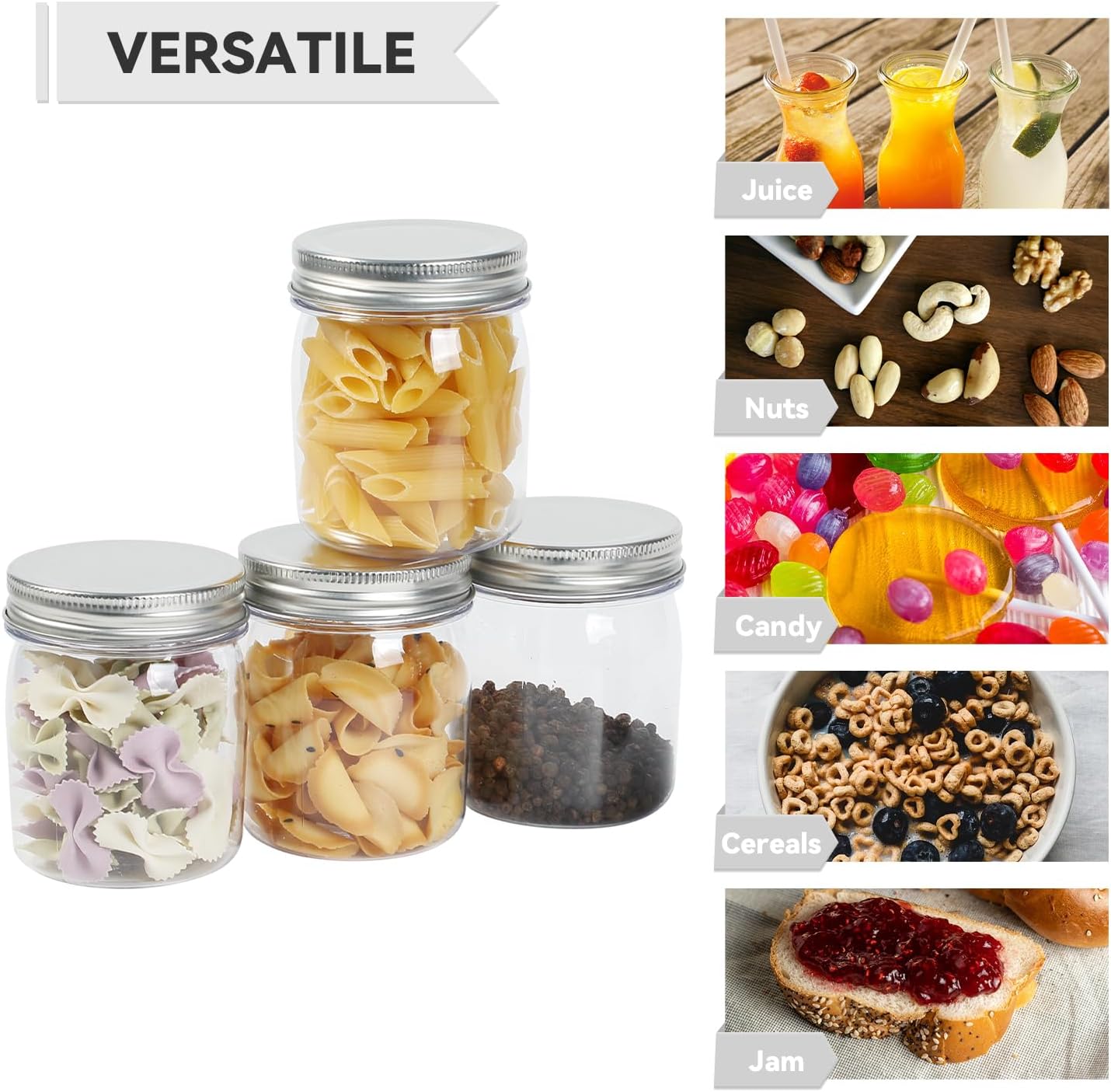 novelinks 8 oz Clear Plastic Jars with Screw-On Lids - BPA-Free Refillable Storage Containers for Slime, Spices, Crafts, Kitchen & Home Organization (8 Pack,Silver)