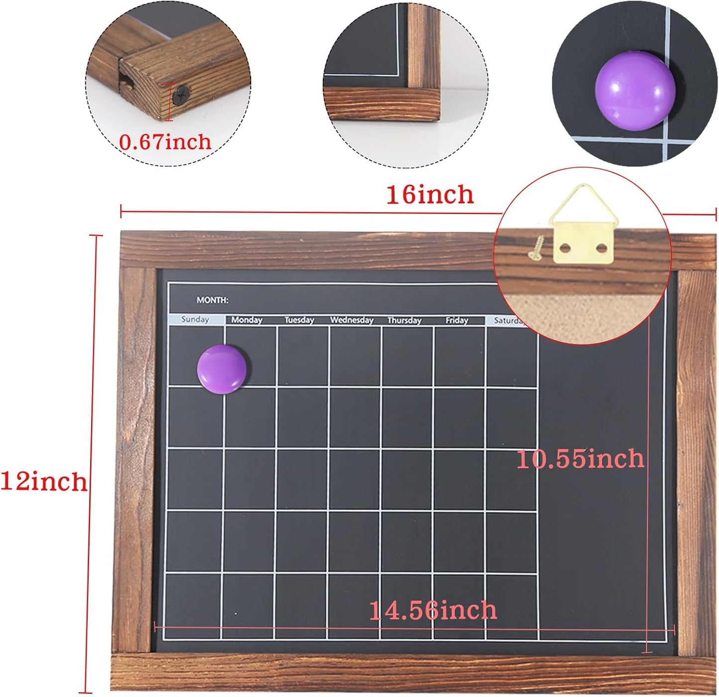 Magnetic Chalkboard Calendar for Wall Monthly Planner Board Wite Wood Frame Reusable Planning Blackboard for Record Daily Tasks List 12" x 16"