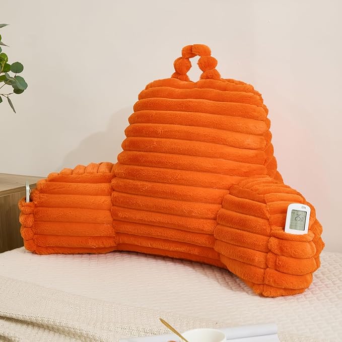 Faux Fur Fluffy Orange Reading Pillow with Pockets, Luxury Striped Plush Decorative, Arm Rests and Back Surport for Bed Rest, Lounging on sofa, Large
