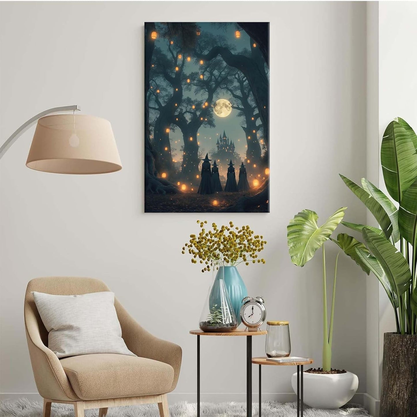 Mysterious creek painting witch and castle in magic forest art print canvas gothic print dark college decoration poster for home bedroom8x12in Wood Framed