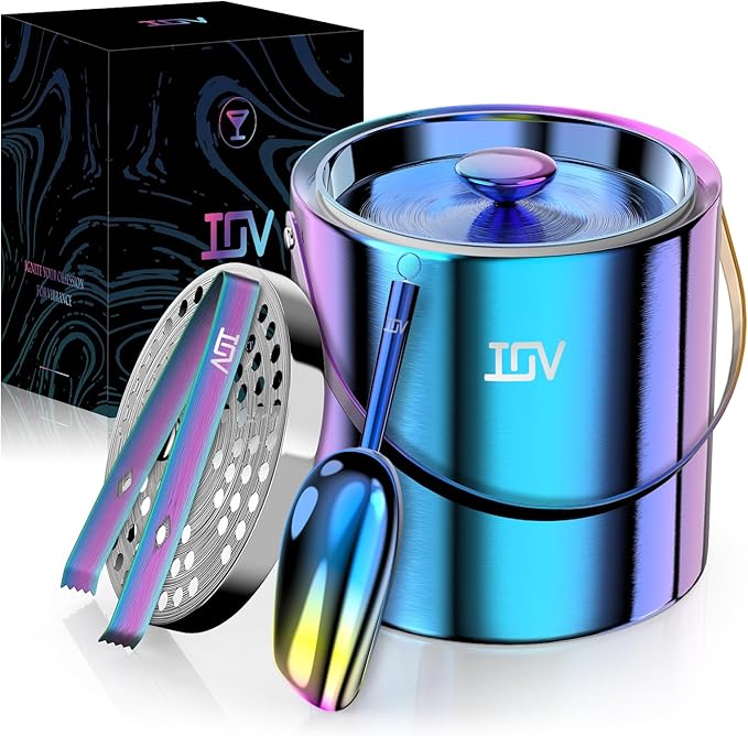 IOV Ice Bucket with Lid, Scoop, Tongs, and Strainer, 3 L Stainless Steel Double Wall Insulated Ice Bucket for Parties, Kee...