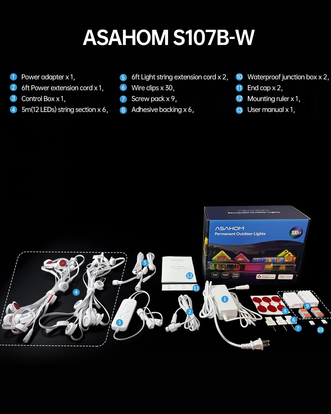 Asahom Ai Permanent Outdoor Lights S107B  100Ft With 72 Rgbcw Led Lights And Dual Output  30 000 Lighting Effect Combination  Ip67 Waterproof For House Halloween Christmas And Daily Decoration  White