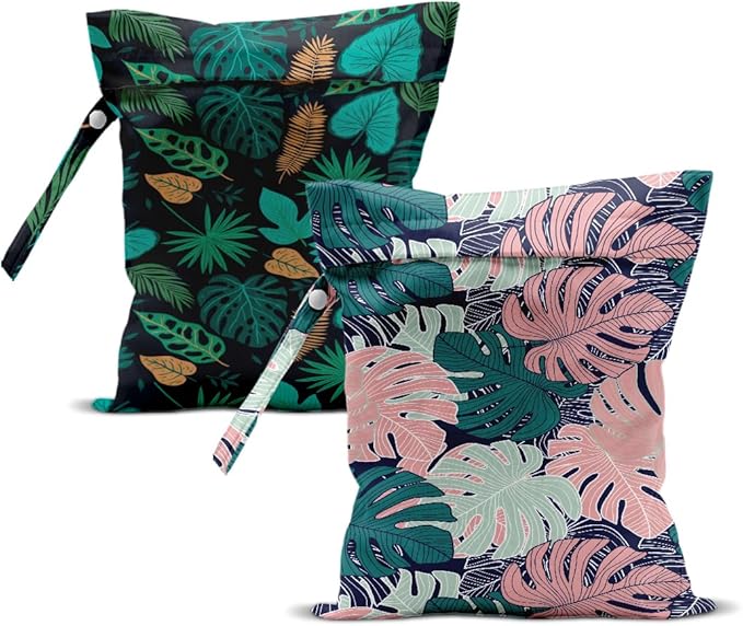 2Pcs Palm Leaves Wet Bag 12x10 Inch, Plants Waterproof Reusable Wet Dry Bag, Tropical Washable Travel Laundry Bags for Swimsuit Beach Diapers Dirty Yoga Gym Clothes, Plants Gifts for Women Friend
