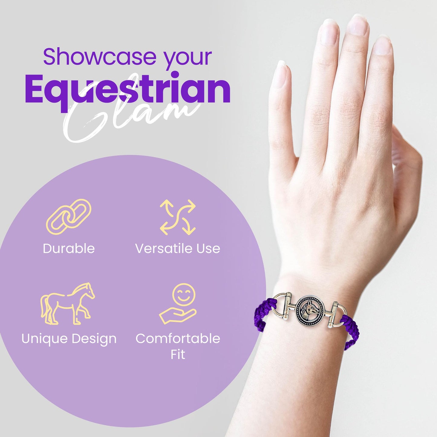 Sportybella Horse Bracelet - Purple Adjustable Rope Bracelet with Horse Bit Charm - Equestrian Jewelry, Gifts for Horse Lovers,