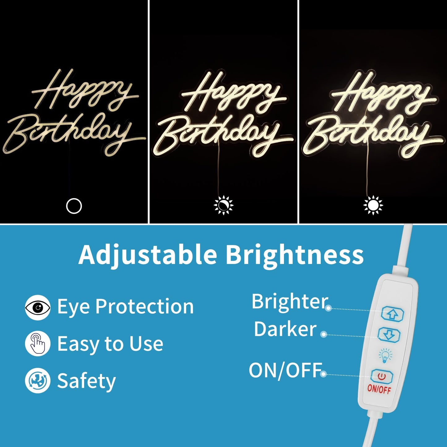 Happy Birthday Neon Sign for Wall Decor, LED Happy Birthday Light Up Sign, USB Powered Dimmable Neon Light for Birthday Party Decorations Backdrop, Warm White