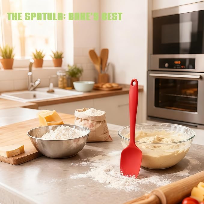 Silicone Spatula, Rubber Spoon Spatula Heat Resistant, One Piece Design Non-Stick Spoonula, Flexible Kitchen Scrapers with Stainless Steel Core for Baking, Mixing, Cooking