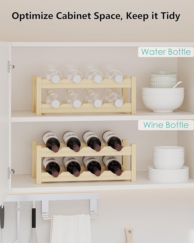 Countertop Wine Rack for Inside Cabinet, Solid Wood 2-Tier Wine Racks for 8 Bottles, Pinewood Liquor Storage Shelf, Water Bottle Organizer for Pantry, Kitchen, Bar, Dining Room (Natural Oak)
