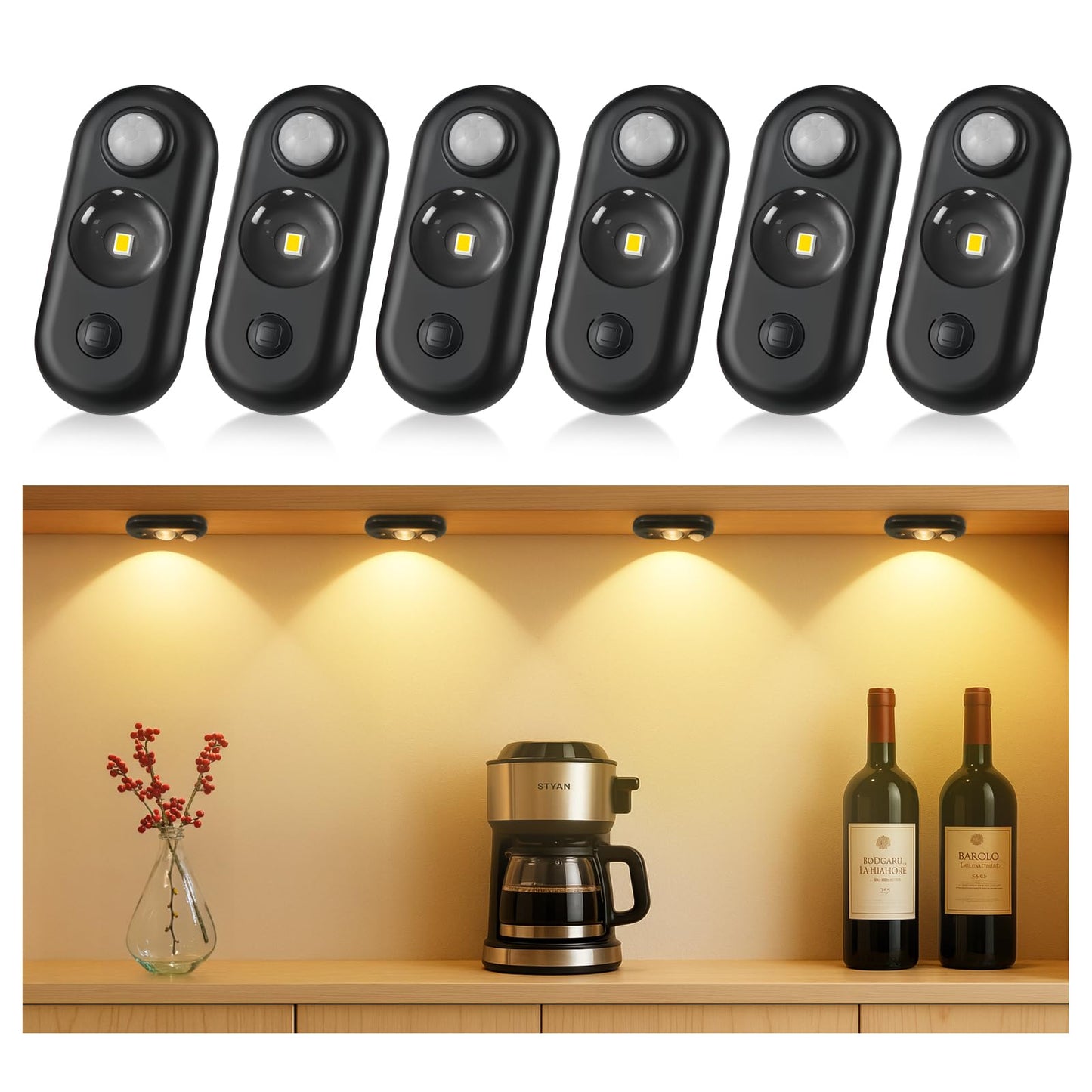 Glaresbot Led Motion Sensor Puck Lights  Small Rechargeable Under Cabinet Light  Dimmable Warm White Closet Lights  Wireless Under Cabinet Lighting For Drawer  Kitchen (6 Pack)