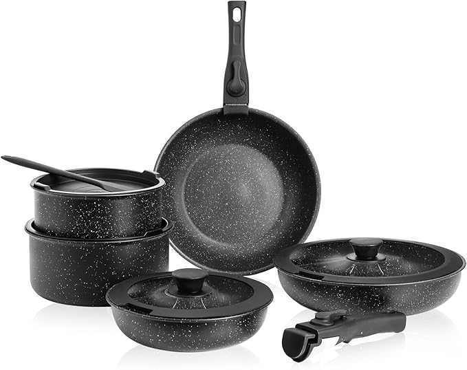 12 Pcs Pots and Pans Set, Nonstick Kitchen Cookware Sets Detachable Handle, Induction Healthy Non Stick RV Cookware, Dishwasher ＆ Oven Safe, Black