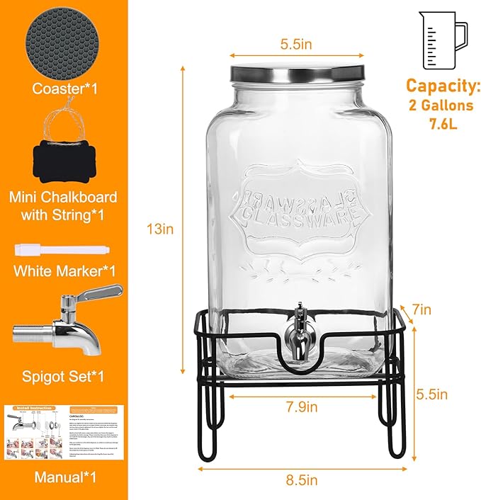 Moretoes Glass Drinks Dispenser for Parties, 2 Gallon Beverage Dispenser with Stand for Juice and Iced Tea, Water Jug Dispenser for Lemonade, Party Essential Beverage Pitcher with Spout