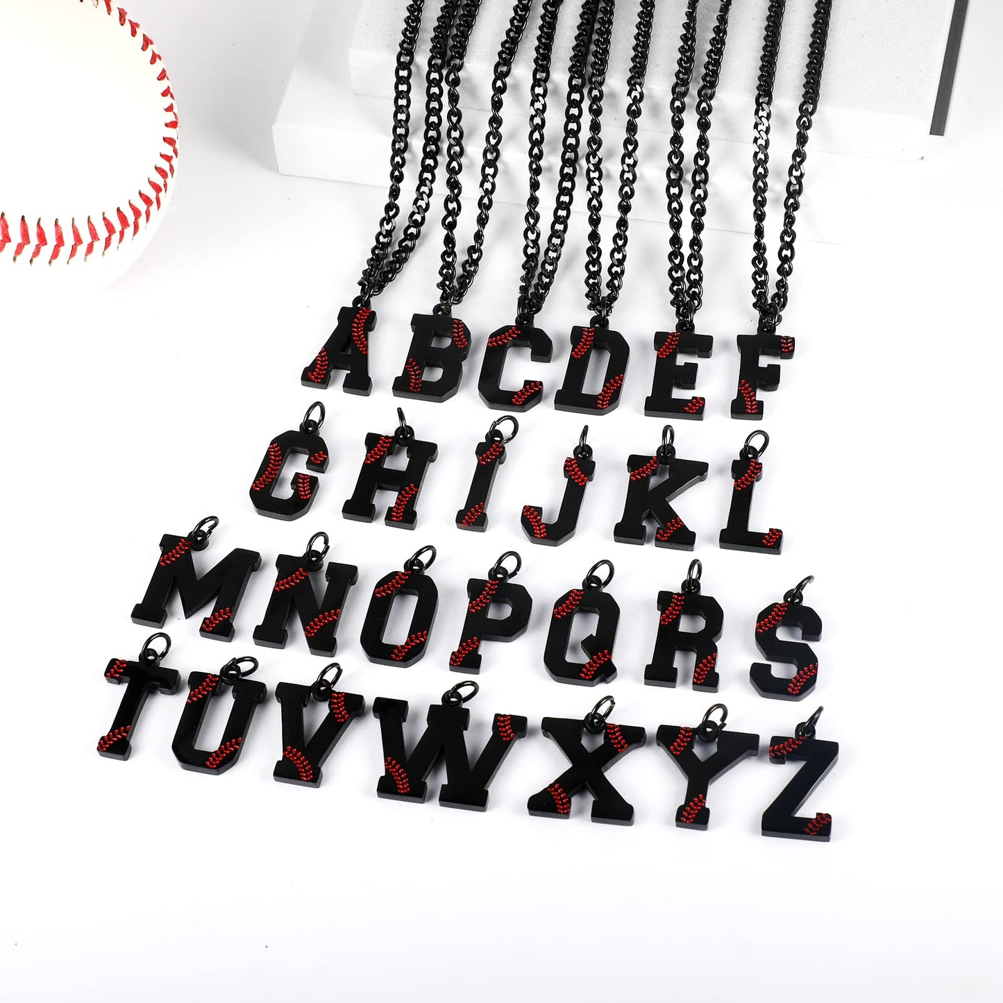 AIAINAGI Baseball Initial A-Z Letter Necklace for Men - Baseball Charm Pendant, Stainless Steel Black Chain, 22inch Personalized