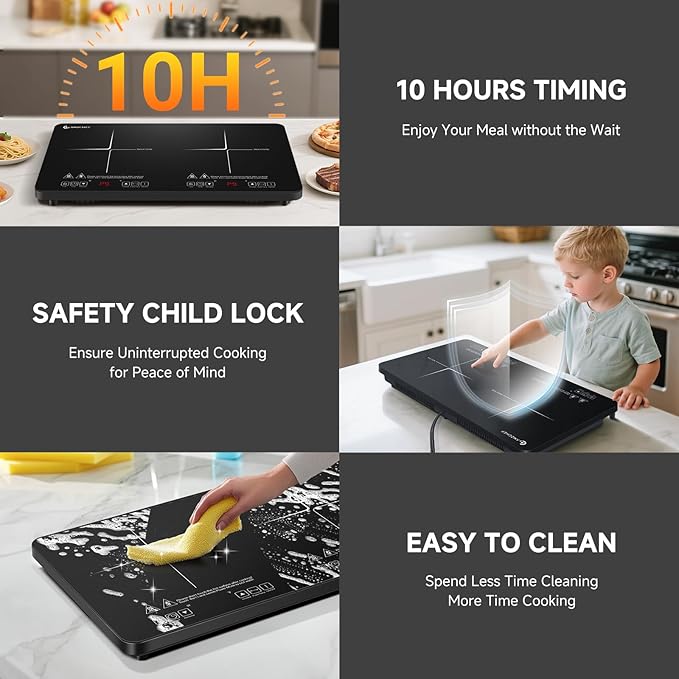 AMZCHEF Portable-Induction-Cooktop-2-Burner-ETL-Certified: 18 Power & 20 Temperature Levels Induction Burners 1800W, Independent Control,10-hour Timer, Safety Lock, Low Noise Electric Cooktops