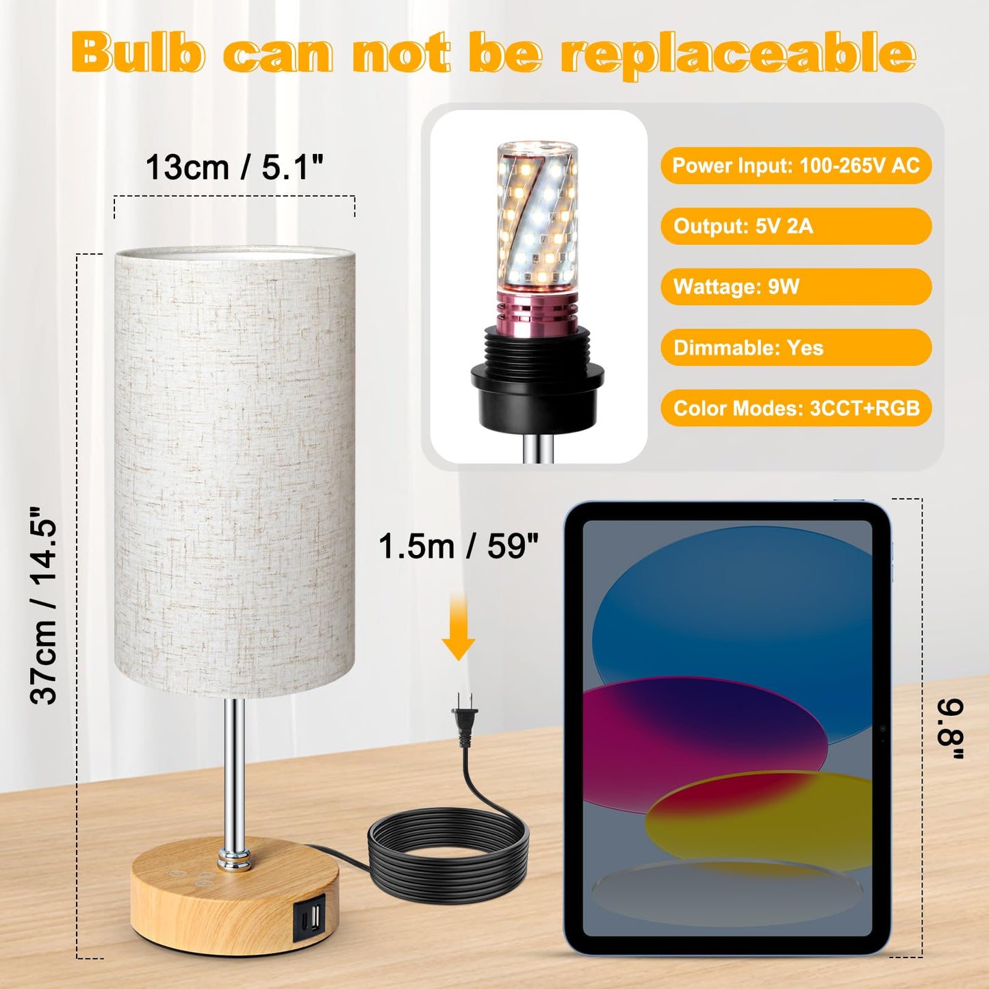 Unicozin Small Table Lamp, 3CCT & 7 RGB Color Changing, Dimmable, 14.5in, Beige - Wood Grain Base