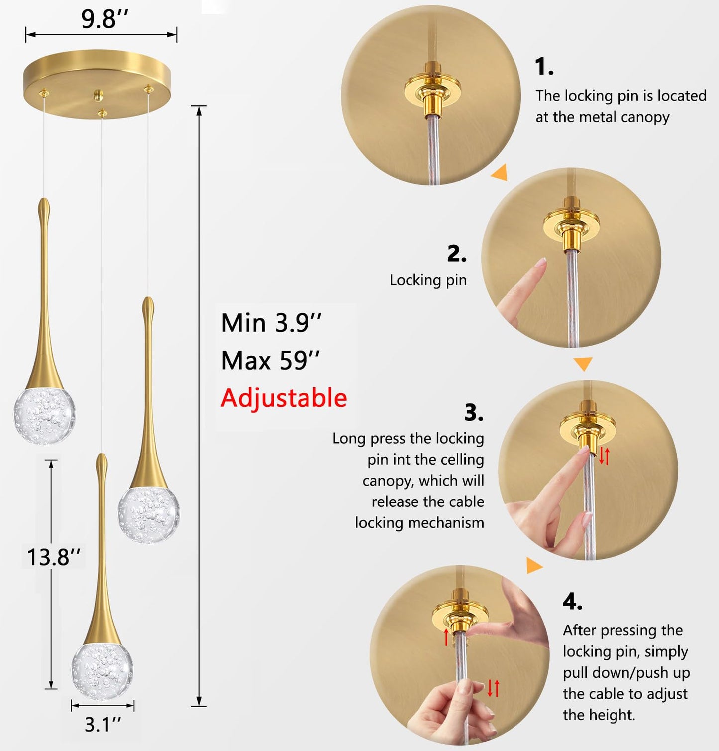 Cenzoz 3-Lights Modern Pendant Lights For Kitchen Island Led Dimmable Crystal Glam Ceiling Pendant Lighting Chandelier For Dining Room Hallway Bedroom Corner Lamp Antique Gold