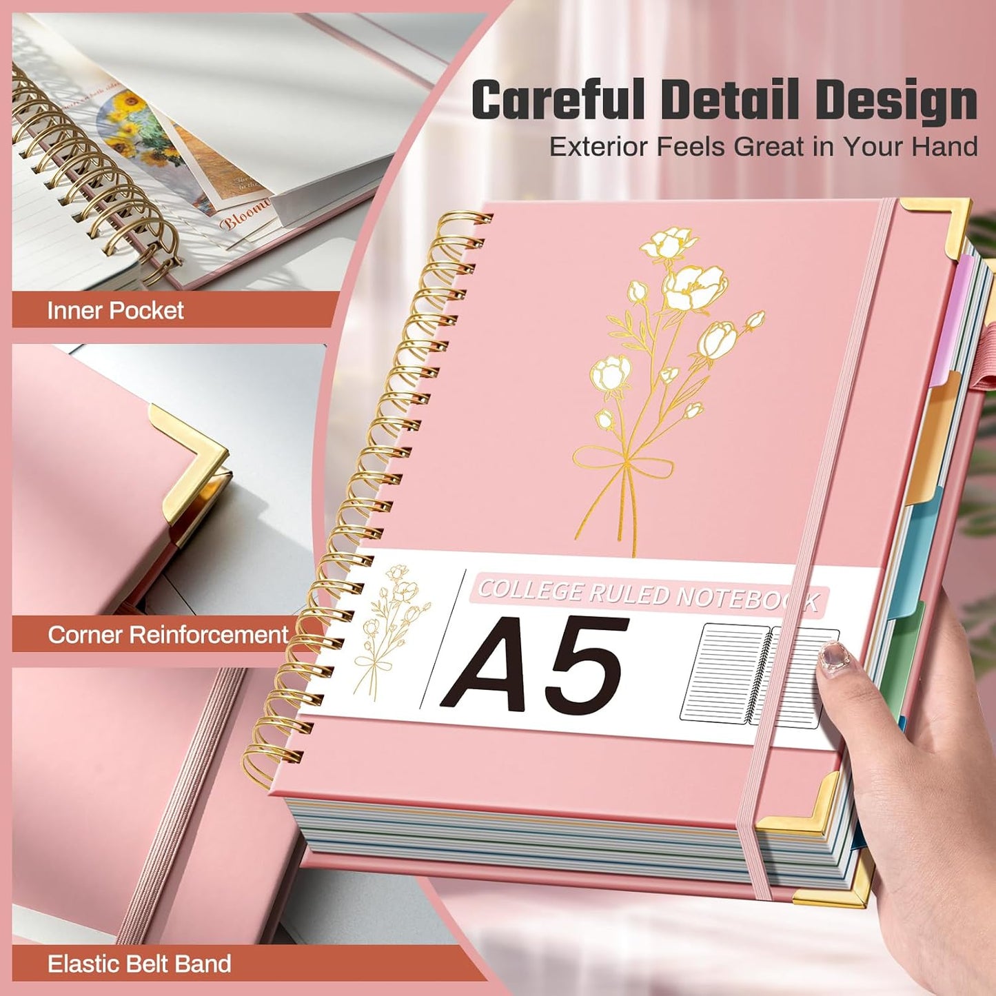 Hardcover Spiral Notebooks 6.1" X 8.4" Note Taking 5 Subject Notebook College Ruled with Dividers 240 Pages 100GSM Aesthetic Spiral Notebook for Work School Cute Journals for Women Writing, Pink
