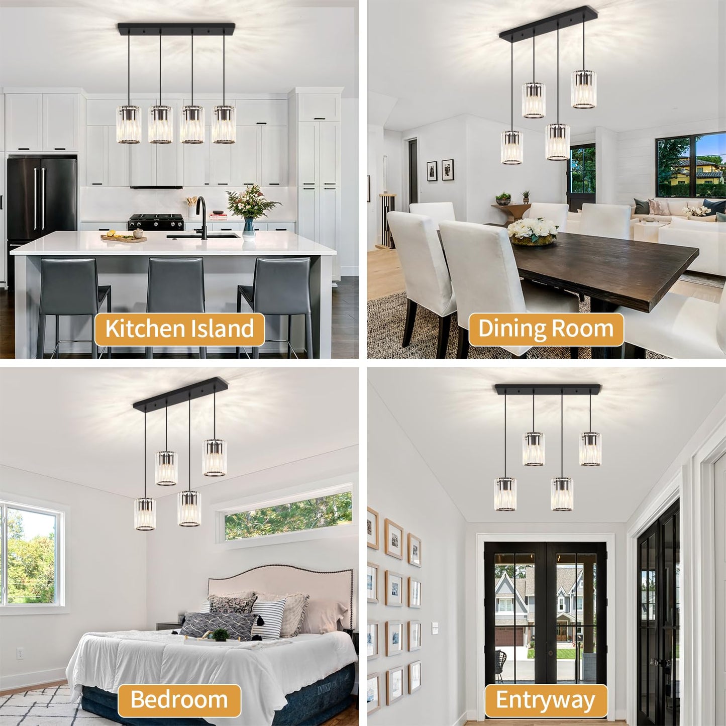 Crystal Kitchen Island Lights  4-Light Modern Chandeliers For Dining Room  Kitchen Pendant Lighting Over Island  Adjustable Height Ceiling Hanging Lights For Kitchen Bedroom Entryway Bathroom
