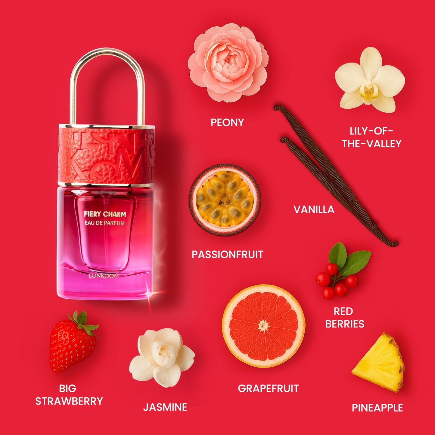 Lonkoom LOCK Fiery Charm Perfume for Women, 1.7 Fl Oz/50ml Eau De Parfum Spray Long-Lasting Fragrance, Floral Fruity Notes of Passionfruit, Grapefruit, Pineapple, Tangerine, Strawberry, Musk
