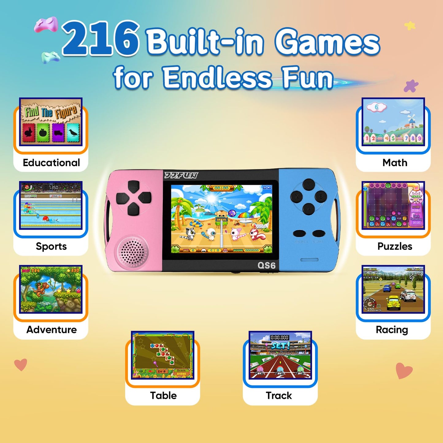16 Bit Handheld Games for Kids with 3.2" IPS Large Screen Built-in 216 Retro Video Games Portable Gaming Player with Rechargeable Battery Mini Arcade Electronic Toy Gifts for Boys Girls (Blue+Pink)