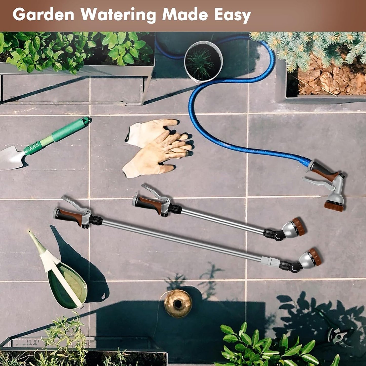 RESTMO 36”-60” Metal Watering Wand, Long Telescopic Tube | 180° Adjustable Ratcheting Head | 7 Spray Patterns | Flow Control, Garden Hose Sprayer to Water Hanging Baskets, Shrubs, Brown