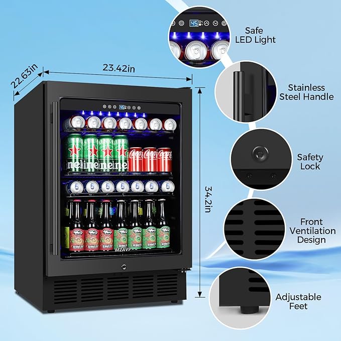 24 Inch Wide Beverage Refrigerator, Under Counter Beverage Cooler with Glass Door, 180 Cans Drink Fridge Built-in/Freestanding Beer Fridge with Powerful Cooling for Home/Kitchen, Black