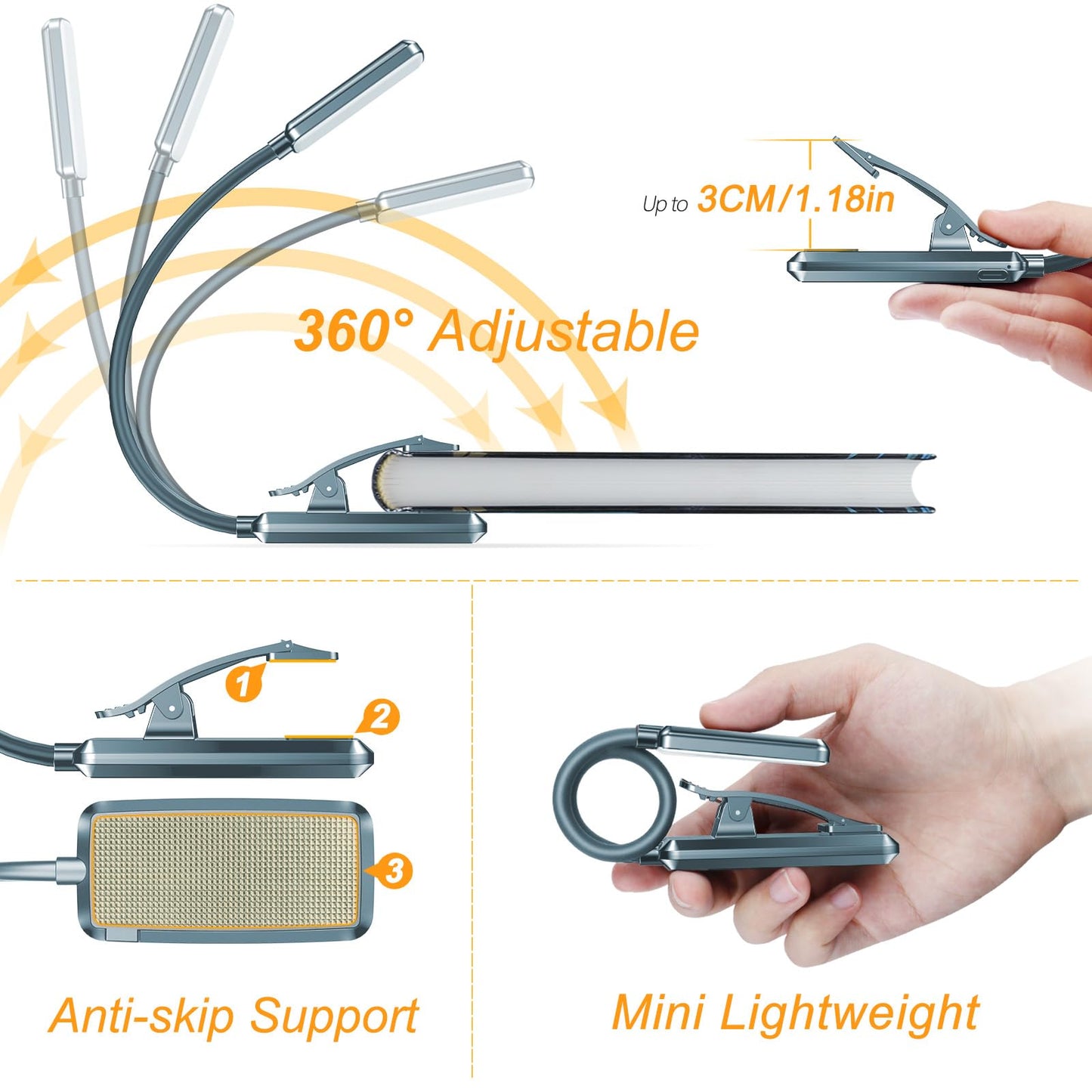 Gritin Rechargeable Book Light - 9 LED, Eye-Caring, 3 Color Temperatures, Stepless Dimming, Pacific Blue, Model G1330
