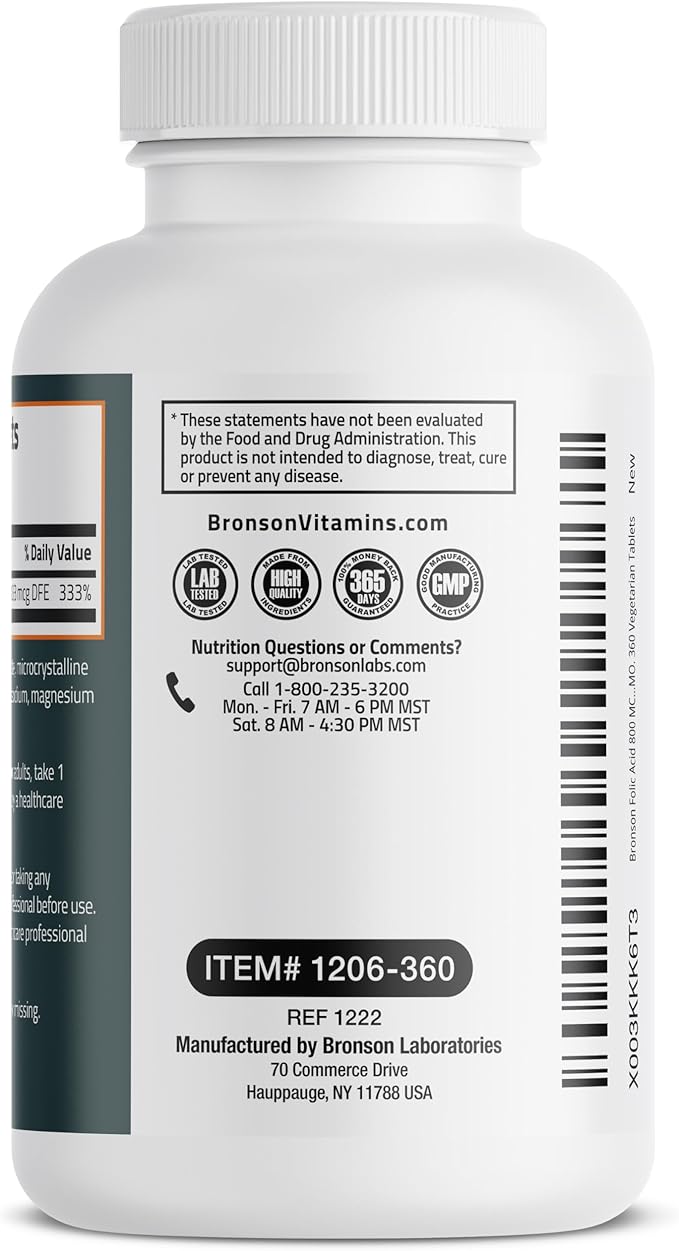 Bronson Folic Acid 800 MCG Supports Prenatal Development, 1 Year Supply, Non-GMO, 360 Tablets