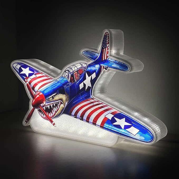 American Shark Fighter Warplane Night Light Up Box for Boy Kids Teens Gifts USB Powered Lamp Lightbox Bedroom Room Wall Hanging Art Table Desk Decorations Decor Sign